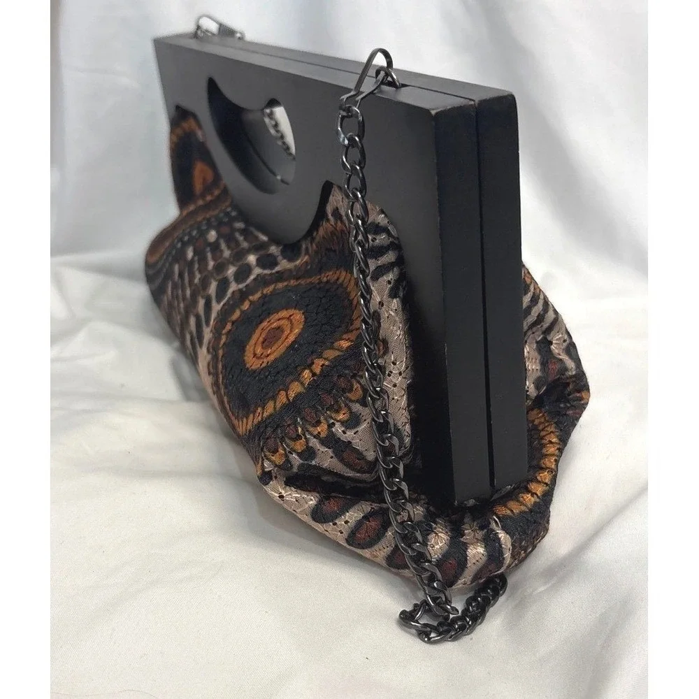 Scarleton Wood Handle Clutch Bag Embroidered‎ Medallion Boho Shoulder Bag Black